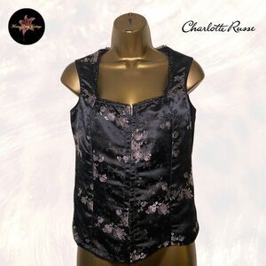 Charlotte Russe Black Satin Floral Corset Top